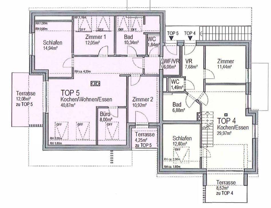 Grundrissplan der Wohneinheiten TOP 4 und TOP 5 mit offenen Wohnbereichen, Schlafzimmern und Terrassen.