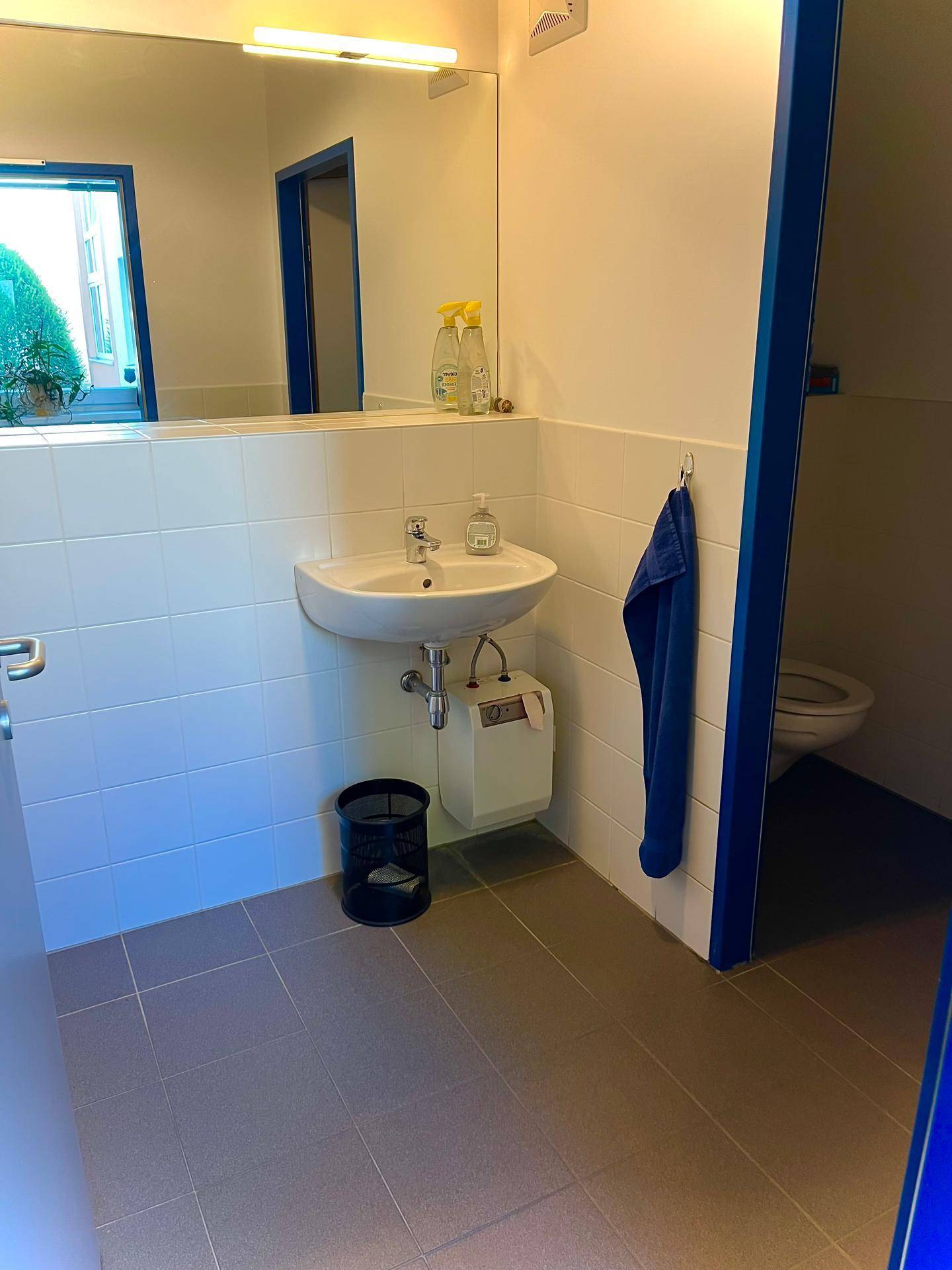 Funktionales Badezimmer mit Waschbecken, Spiegel, Toilette und Fliesenboden, inklusive Fenster für Tageslicht.