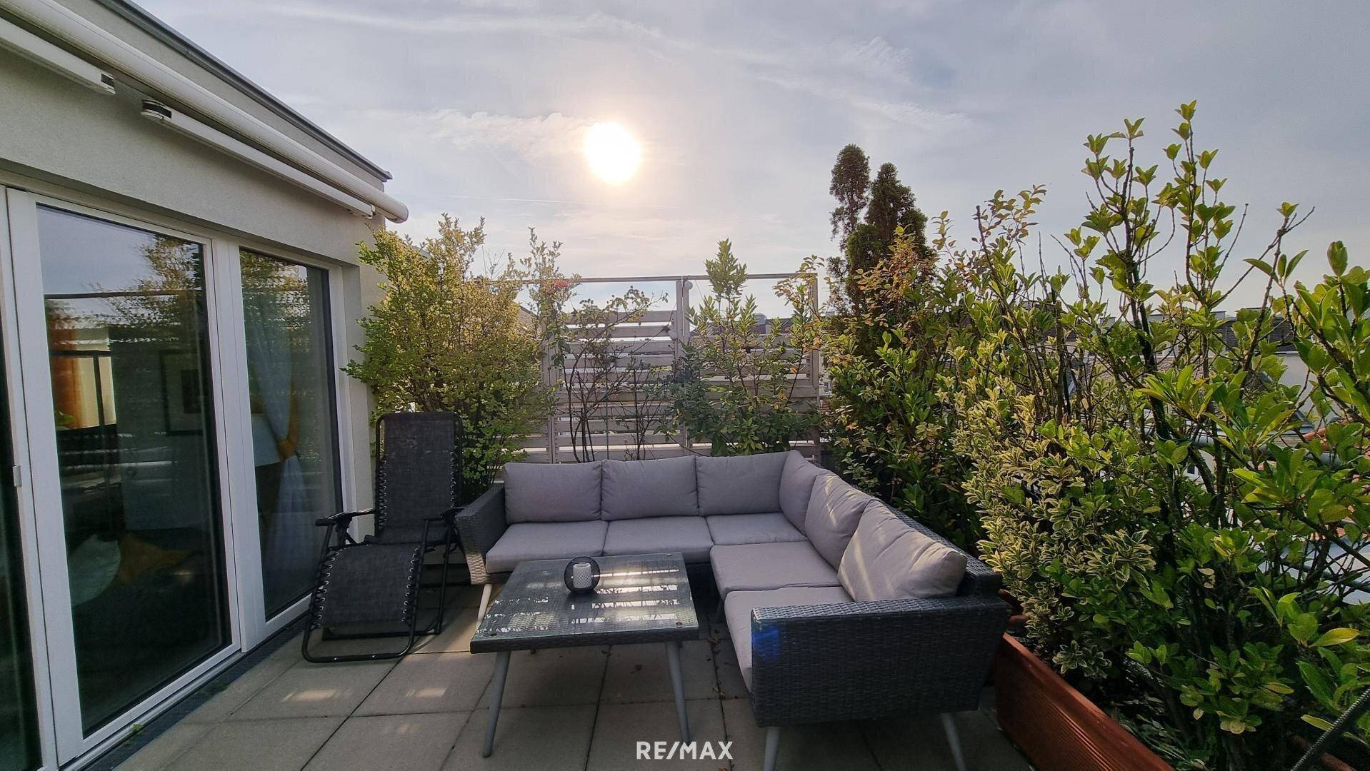 Sonnige Dachterrasse mit bequemen Loungemöbeln und üppiger Bepflanzung für entspannte Stunden.