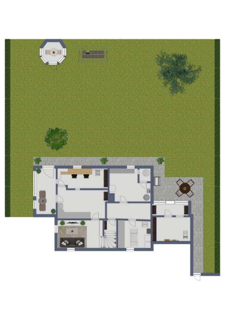 Grundriss eines Hauses mit großem Garten, Terrasse, Kamin und offenem Wohnbereich.