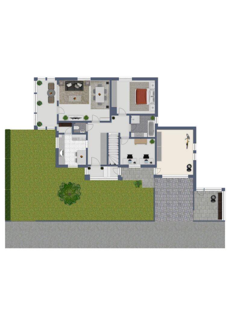 Grundriss des Obergeschosses mit Schlafzimmern, Bad und Garten.