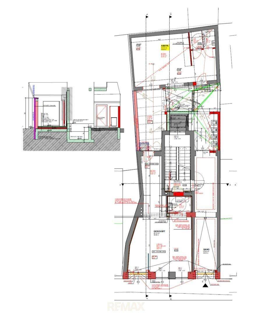 Detaillierter Grundriss mit Schnitten und technischen Zeichnungen des Gebäudes.