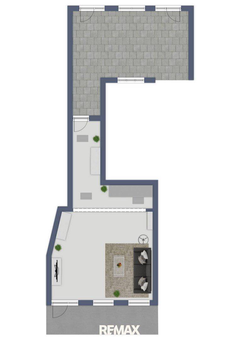 Vereinfachter Grundriss mit Möblierungsvorschlägen für einen Wohn- und Außenbereich.