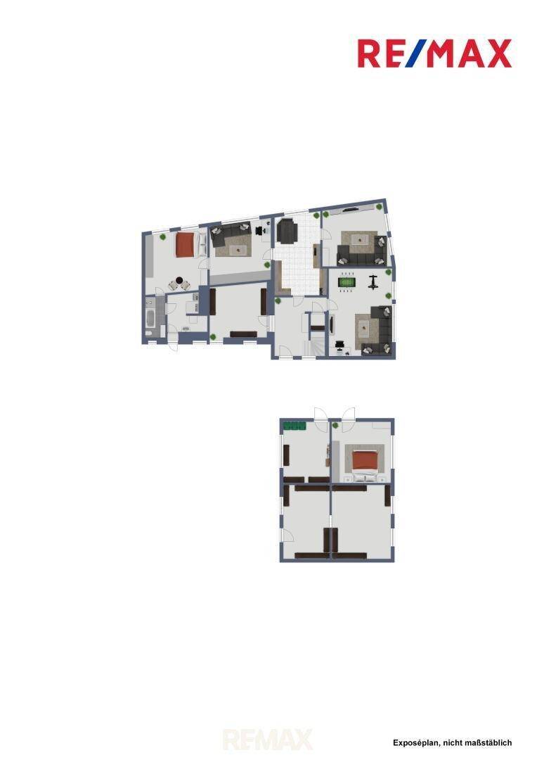 Grundriss zeigt zwei separate Wohnungslayouts, eine größere und eine kleinere Einheit.