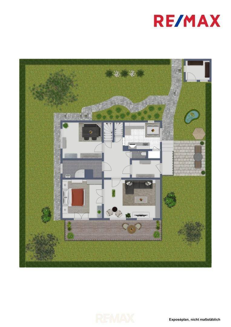 Detaillierter Grundriss eines Hauses mit Garten, Terrasse und Teich im Erdgeschoss.