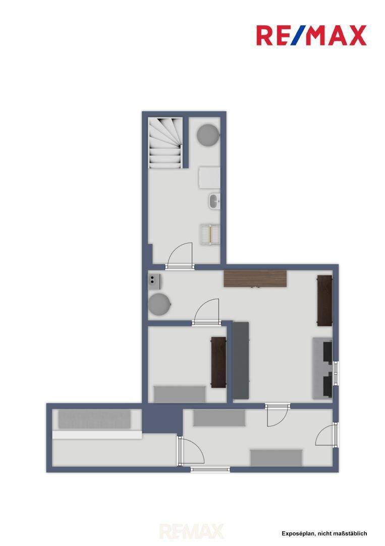 Grundrissplan einer Etage mit Treppenhaus, Badezimmer und mehreren Räumen.