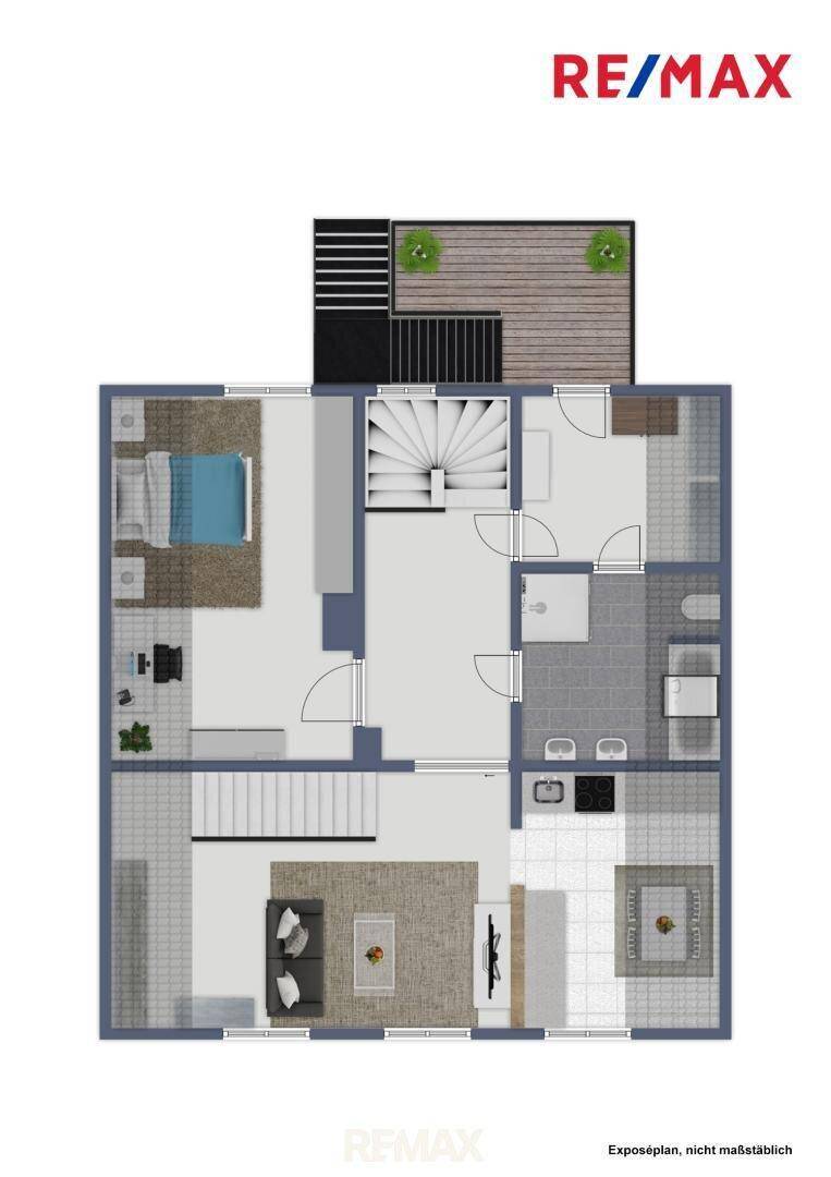 Grundriss einer oberen Etage mit Schlafzimmern, Bädern und Zugang zu einem Balkon.