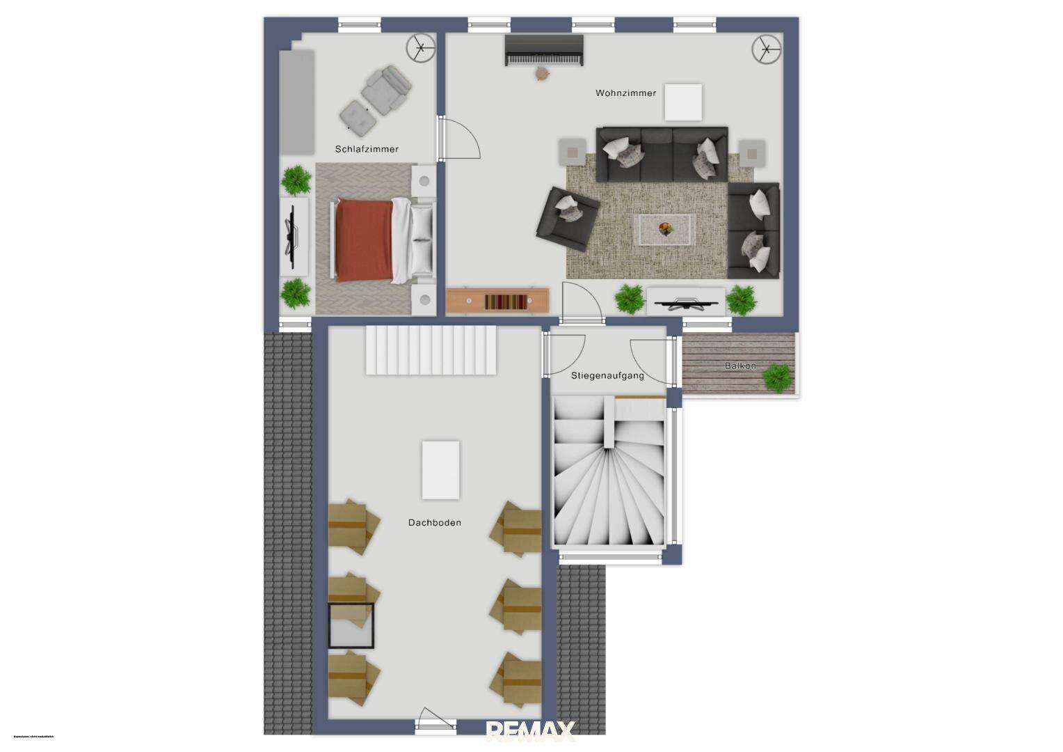 Grundriss des Obergeschosses mit Schlafzimmer, Wohnzimmer und Dachboden.