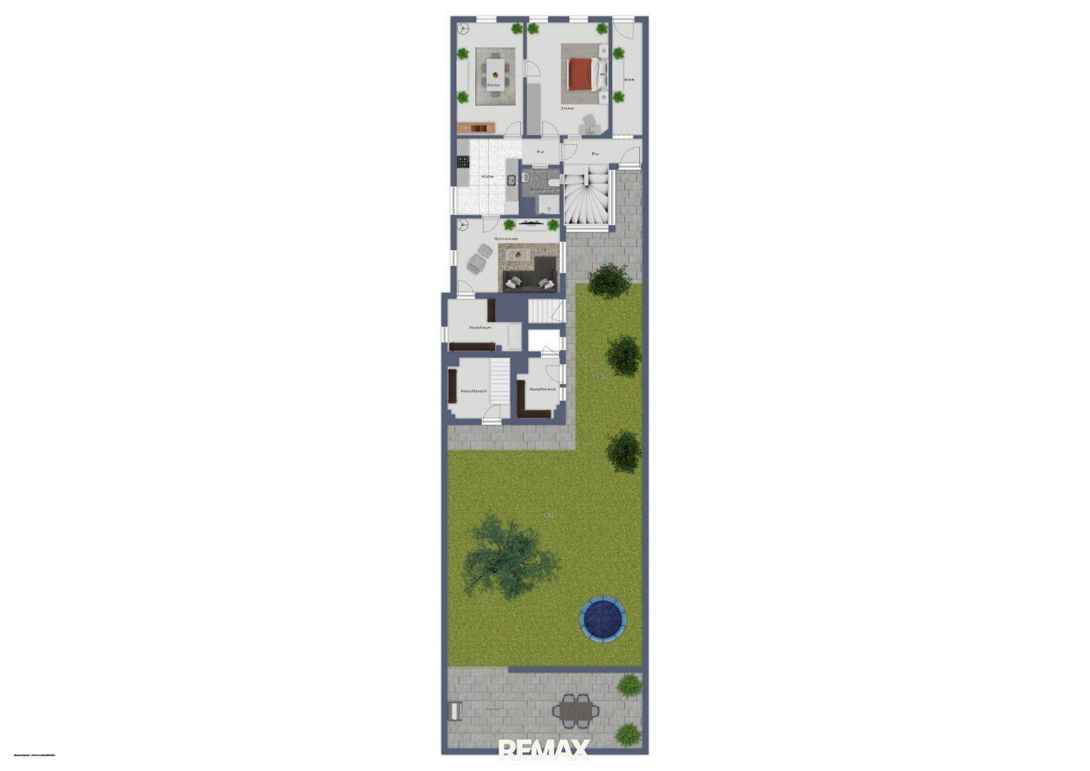 Grundriss des Erdgeschosses mit Garten, Terrasse und verschiedenen Räumen.