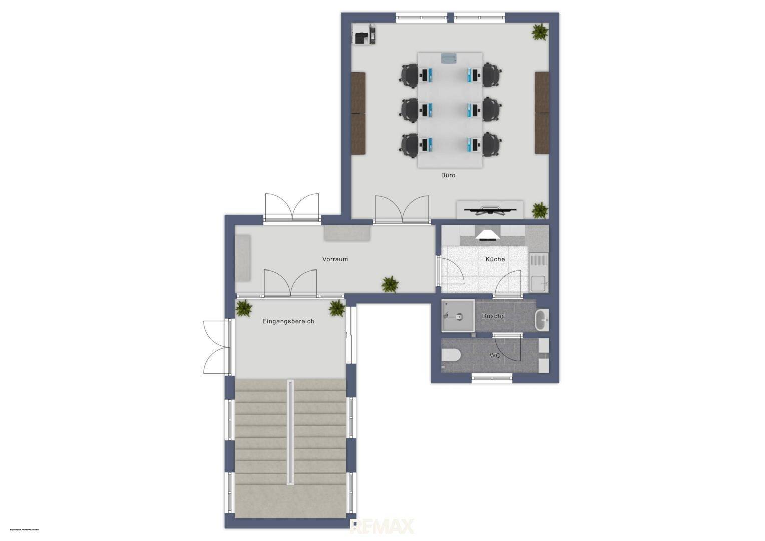 Grundrissplan eines Büros mit Eingangsbereich, Vorraum, Arbeitsplätzen, Küche und Sanitäranlagen.