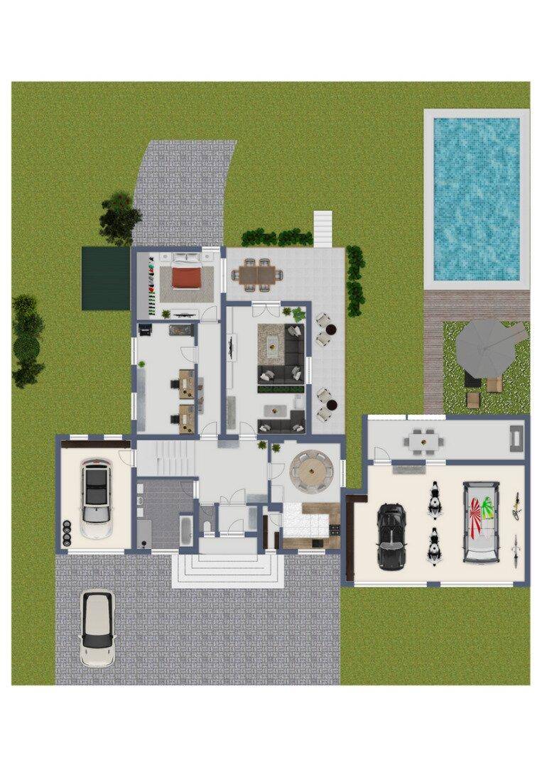 Detaillierter Grundriss des gesamten Anwesens mit Haus, Garage, Pool und Garten.