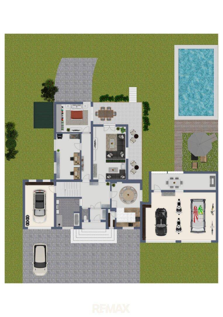 Gesamtgrundriss des Anwesens mit Haus, Pool, Garage und Außenbereichen, inklusive Zufahrt.