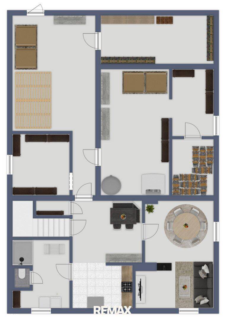 Grundriss des Erdgeschosses mit Wohn-, Ess- und Küchenbereich sowie Bad und Treppe.