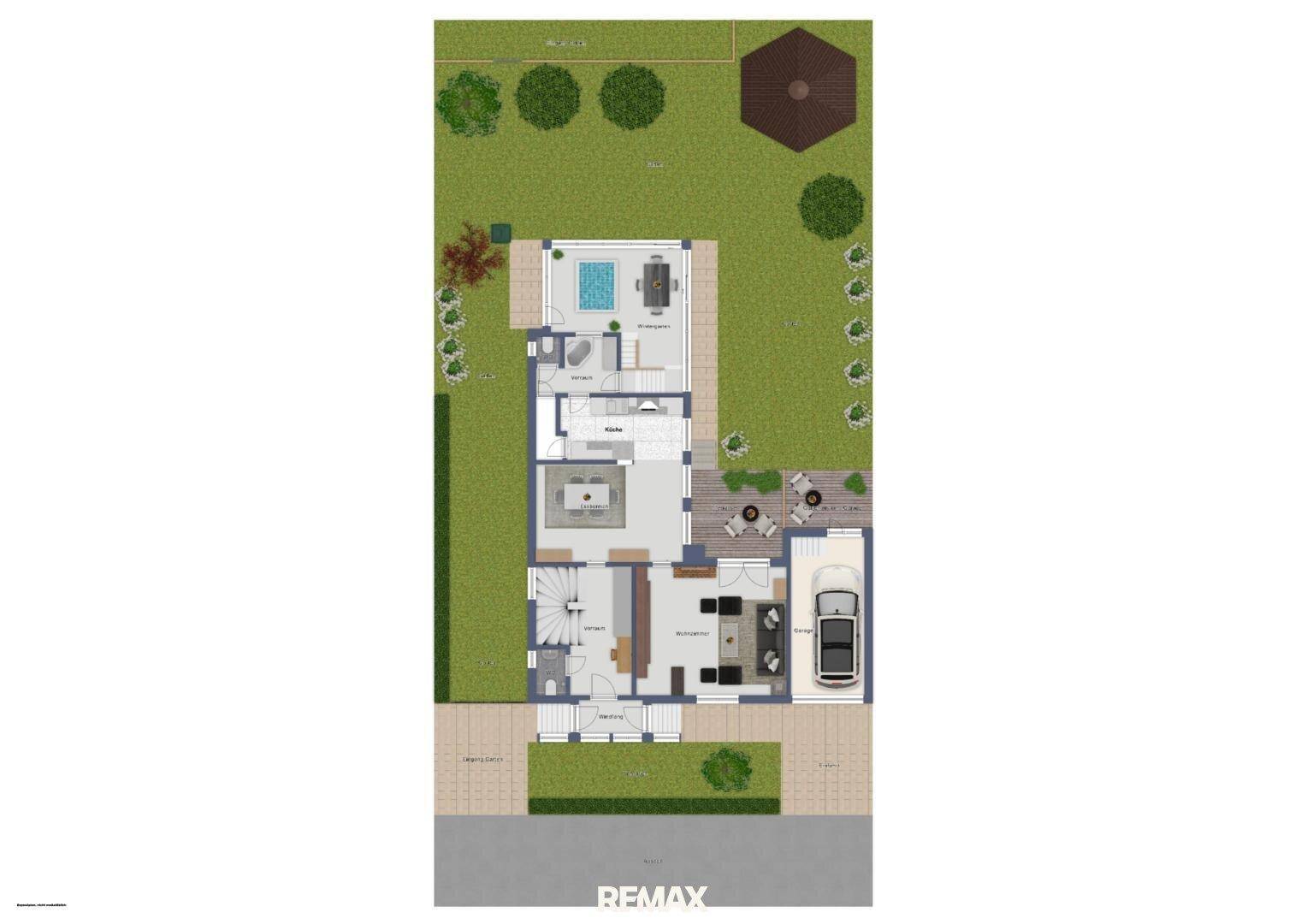 Grundriss des Erdgeschosses mit Garten, Terrasse, Garage und Poolbereich.