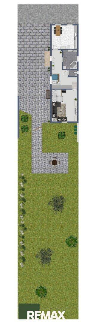 Grundriss des Erdgeschosses mit Garten, Terrasse, Küche und offenem Wohnbereich.
