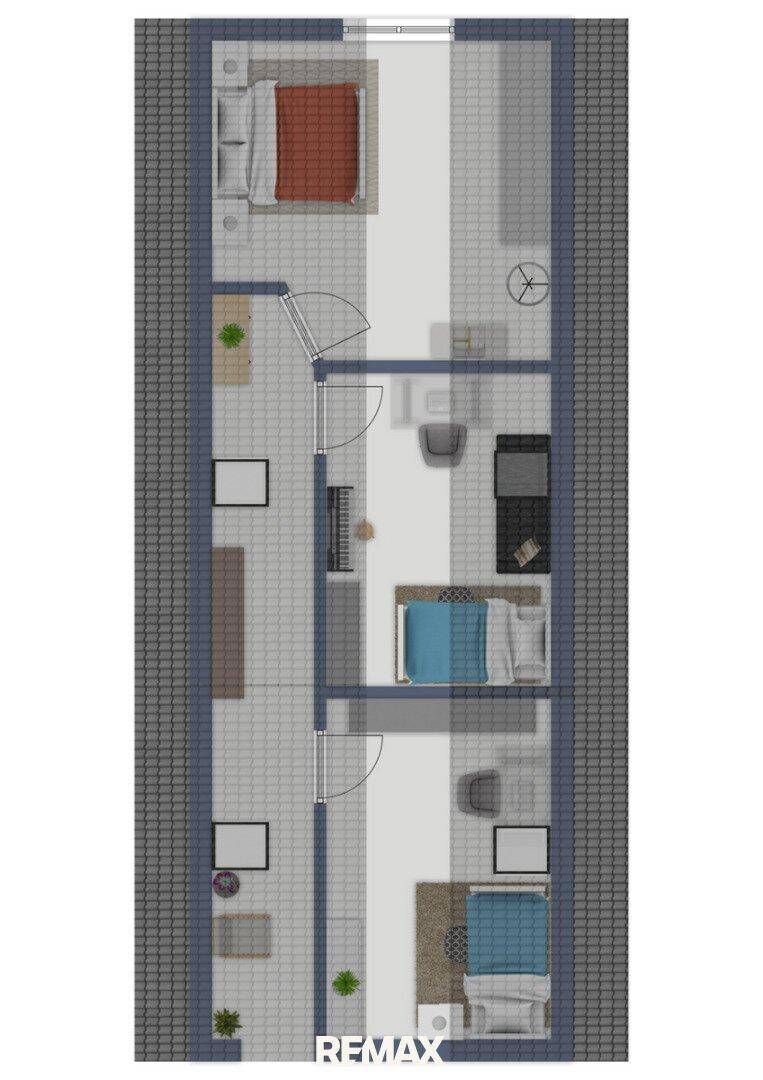 Grundriss des Obergeschosses mit mehreren Schlafzimmern und einem Badezimmer.