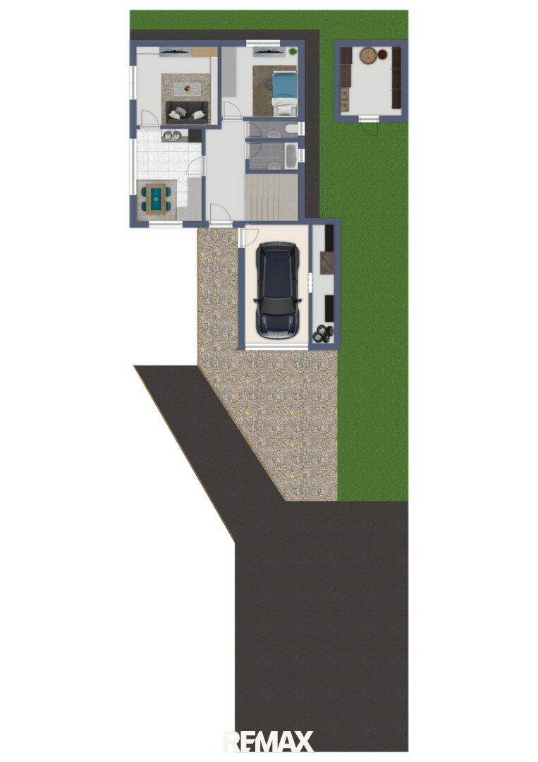 Grundriss mit Garage, Wohnbereich, Schlafzimmer, Badezimmer und einem separaten Nebengebäude.