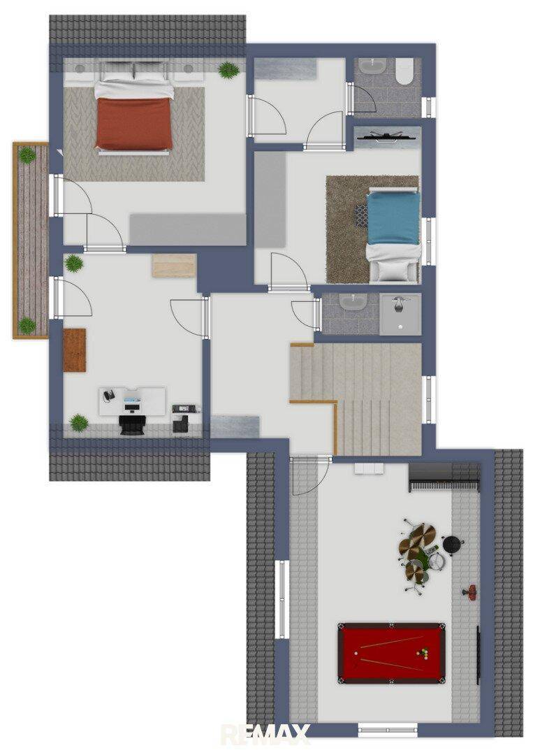 Grundriss mit zwei Schlafzimmern, Büro, Badezimmer, WC und einem Raum mit Billardtisch sowie einem Balkon.