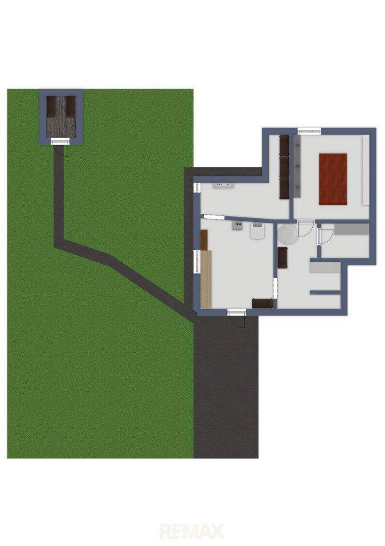 Grundriss zeigt ein Schlafzimmer und ein Badezimmer, verbunden durch einen Weg mit einem kleinen Nebengebäude.