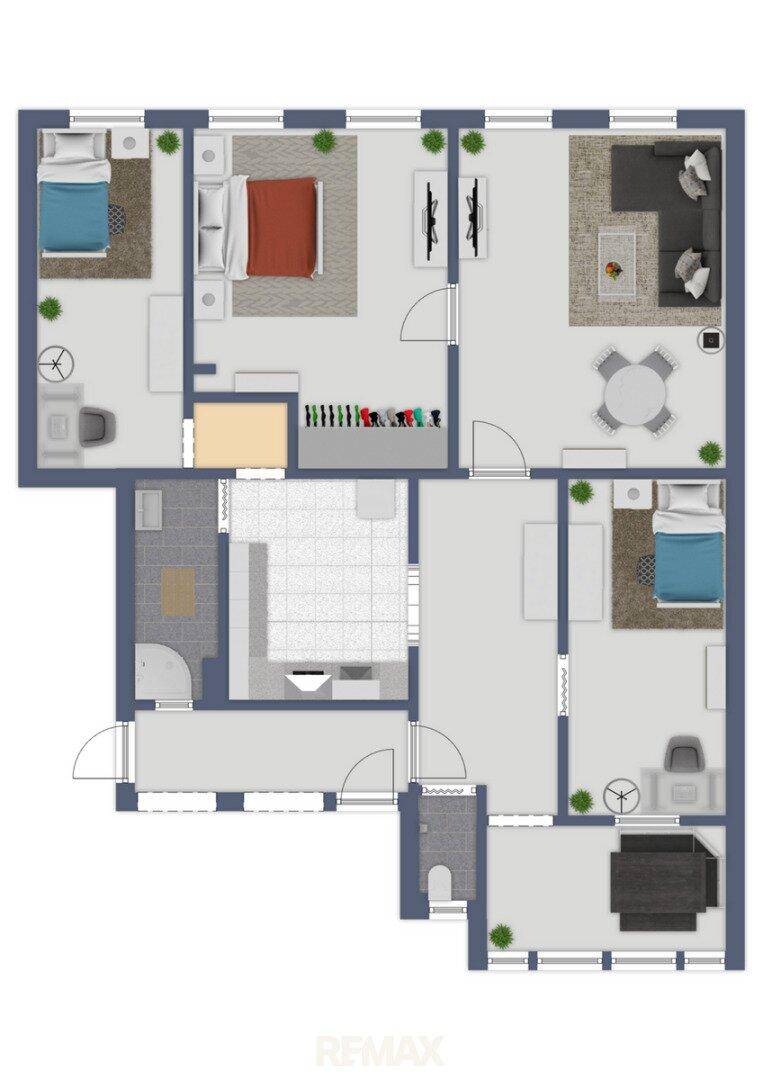 Umfassender Grundriss einer Wohnung mit mehreren Schlafzimmern, Bädern und offenem Wohnbereich.