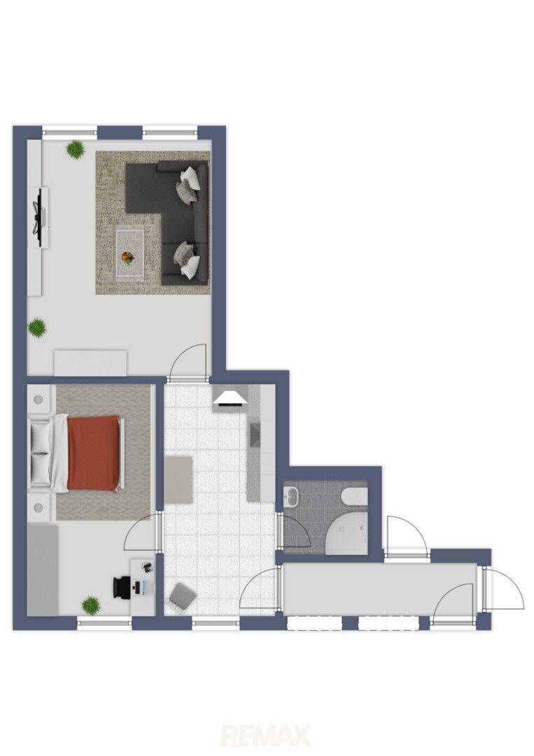 Detaillierter Grundriss einer Wohnung mit Schlafzimmer, Wohnbereich und Badezimmer.