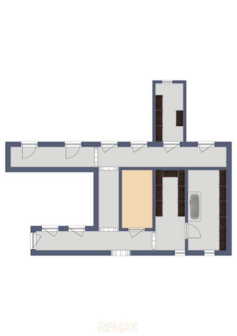 Grundriss einer Etage mit verschiedenen Räumen und einer Badewanne, zeigt die Raumaufteilung.