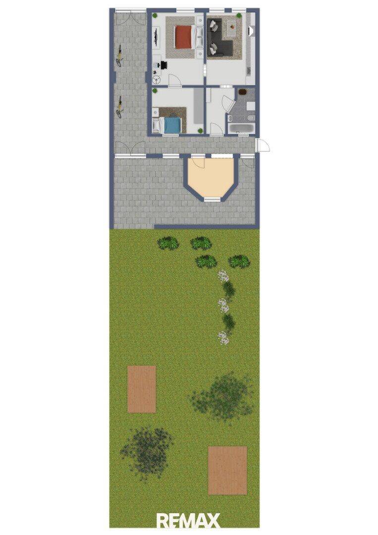 Grundriss eines Hauses mit zwei Schlafzimmern, einem Badezimmer und großem Gartenbereich.