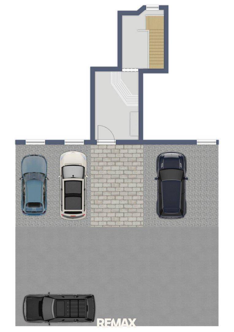 Grundriss des Außenbereichs mit Parkplätzen und Zugang zum Gebäude.