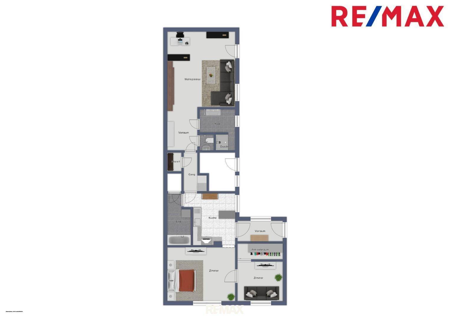 Detaillierter Grundriss einer Wohneinheit mit Schlafzimmer, Bad, Küche und offenem Wohnbereich.