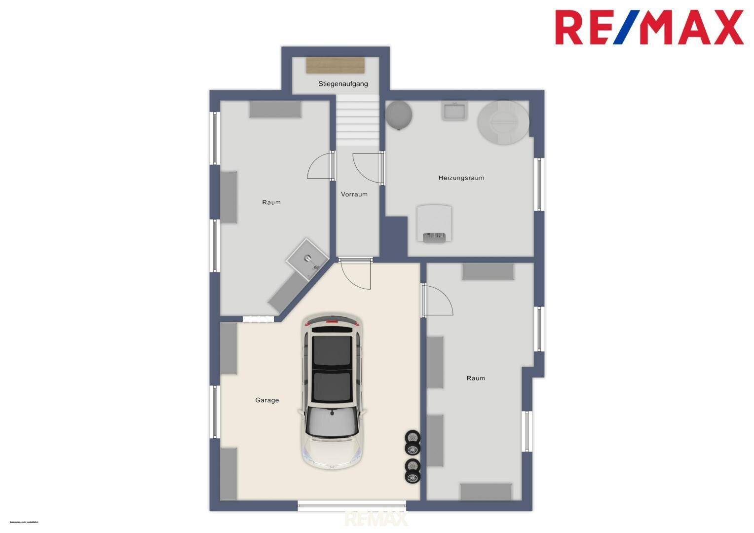 Grundriss des Untergeschosses mit Garage, Heizungsraum und weiteren Abstellräumen.