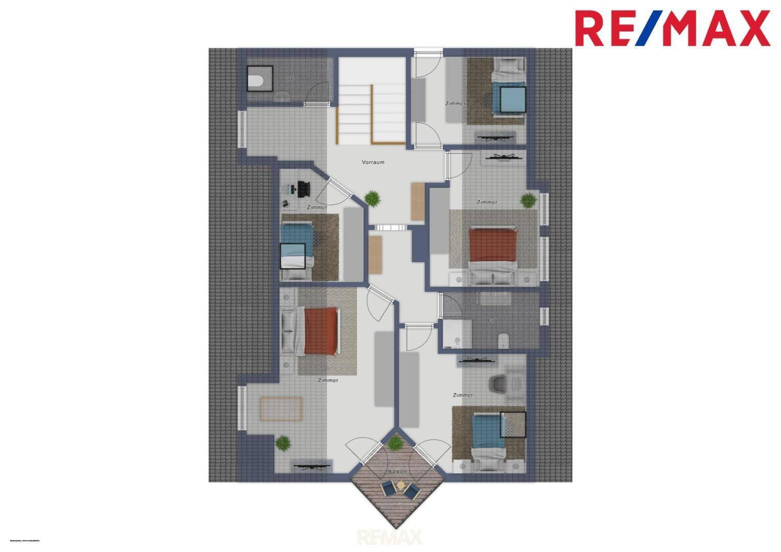 Grundriss des Obergeschosses mit mehreren Schlafzimmern, Bädern und einem Balkon.