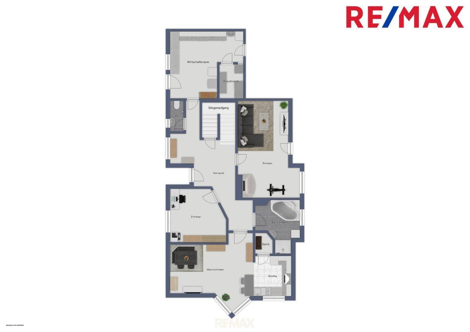 Grundriss des Erdgeschosses mit Wohnzimmer, Küche, Bad und einem Schlafzimmer.