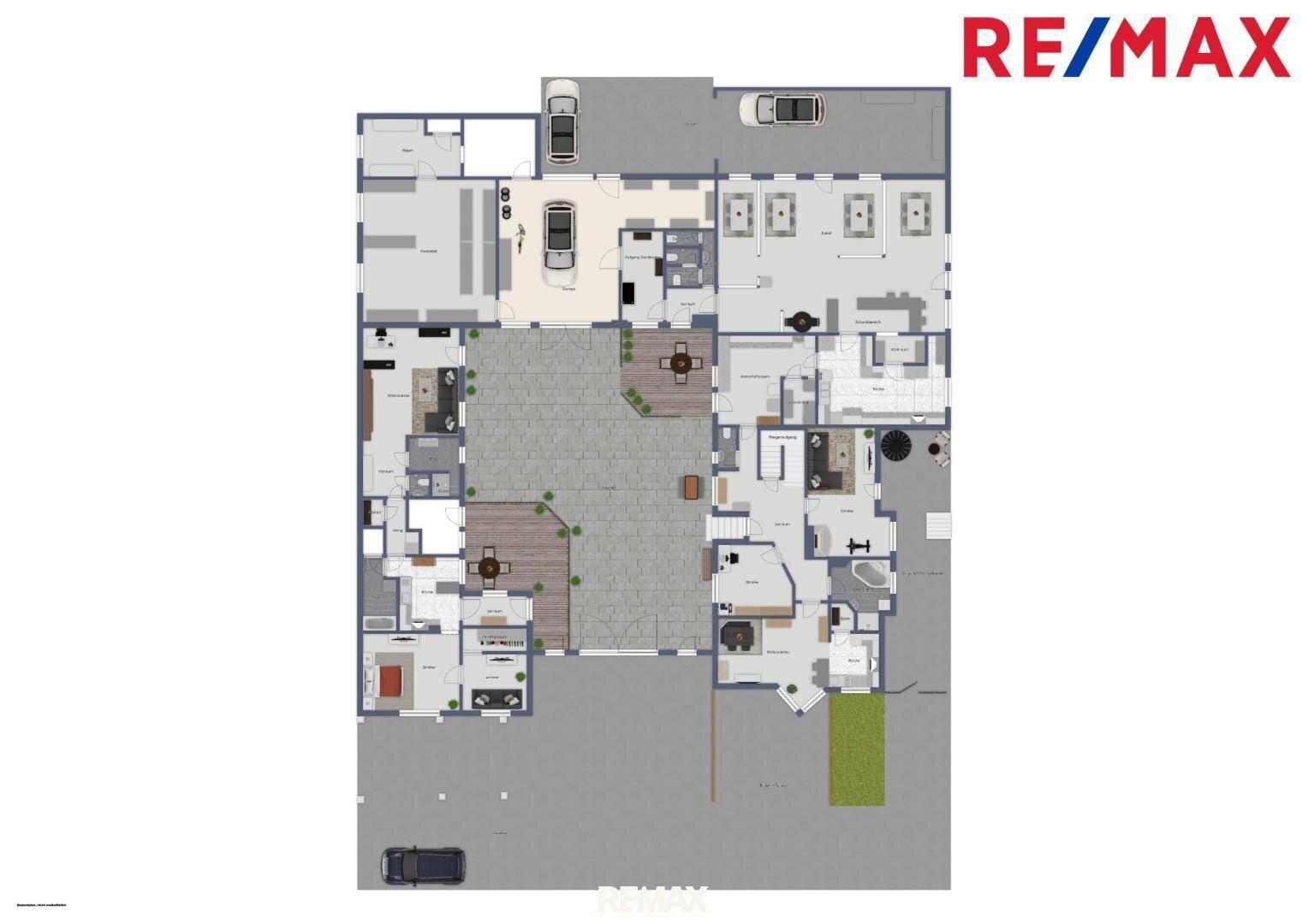 Detaillierter Grundriss eines Gebäudekomplexes mit mehreren Wohneinheiten, Garagen und großzügigen Terrassenbereichen.