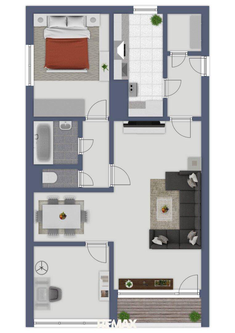 Grundriss der Wohnung mit Schlafzimmer, Bad, Wohnbereich und Balkon.