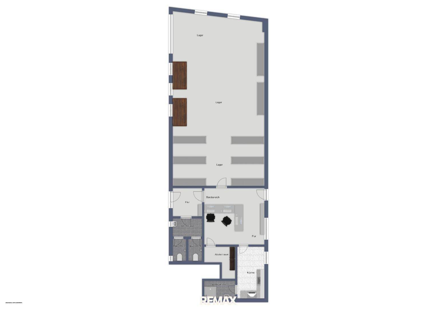 Grundriss des Erdgeschosses mit großem Lagerbereich, Büro und Sanitäranlagen.
