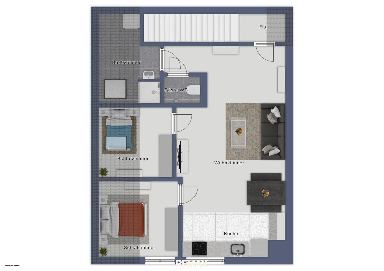 Grundriss einer Wohnung mit zwei Schlafzimmern, Wohnzimmer, Küche, Bad und Gäste-WC.
