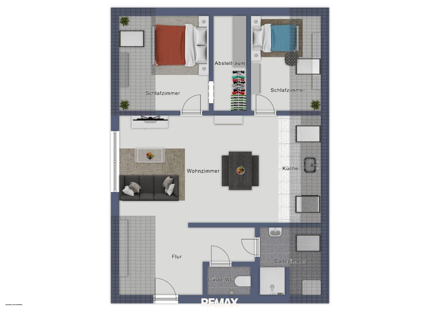 Grundriss einer Wohnung mit Wohnzimmer, Küche, zwei Schlafzimmern, Bad und separatem Gäste-WC.