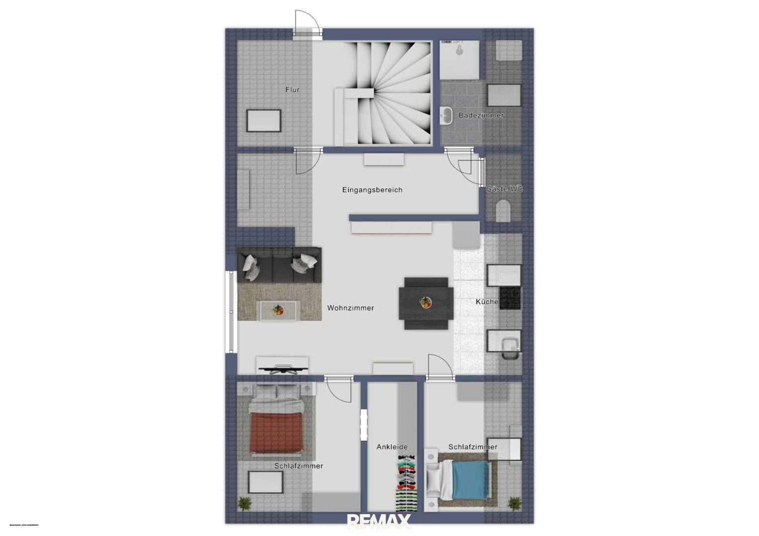 Grundriss des Obergeschosses mit Wohnzimmer, Küche, zwei Schlafzimmern und Badezimmer.