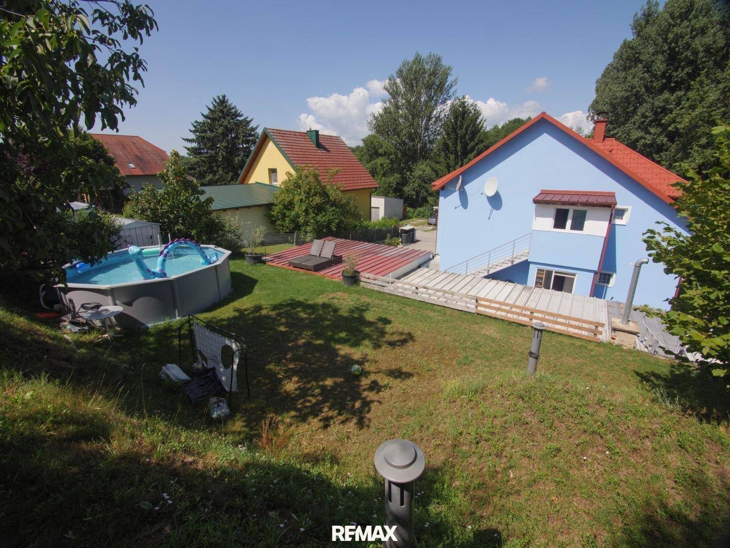 Weitläufiger Garten mit Rasenfläche, Aufstellpool und Blick auf das blaue Haus.