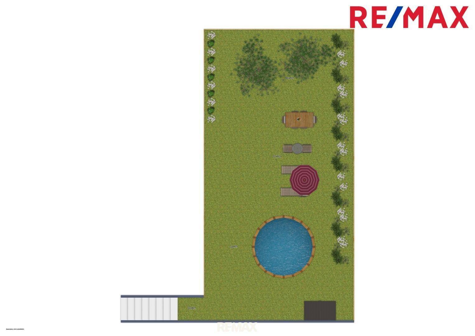 Grundriss des Gartens mit Pool, Liegeflächen und Bepflanzung.