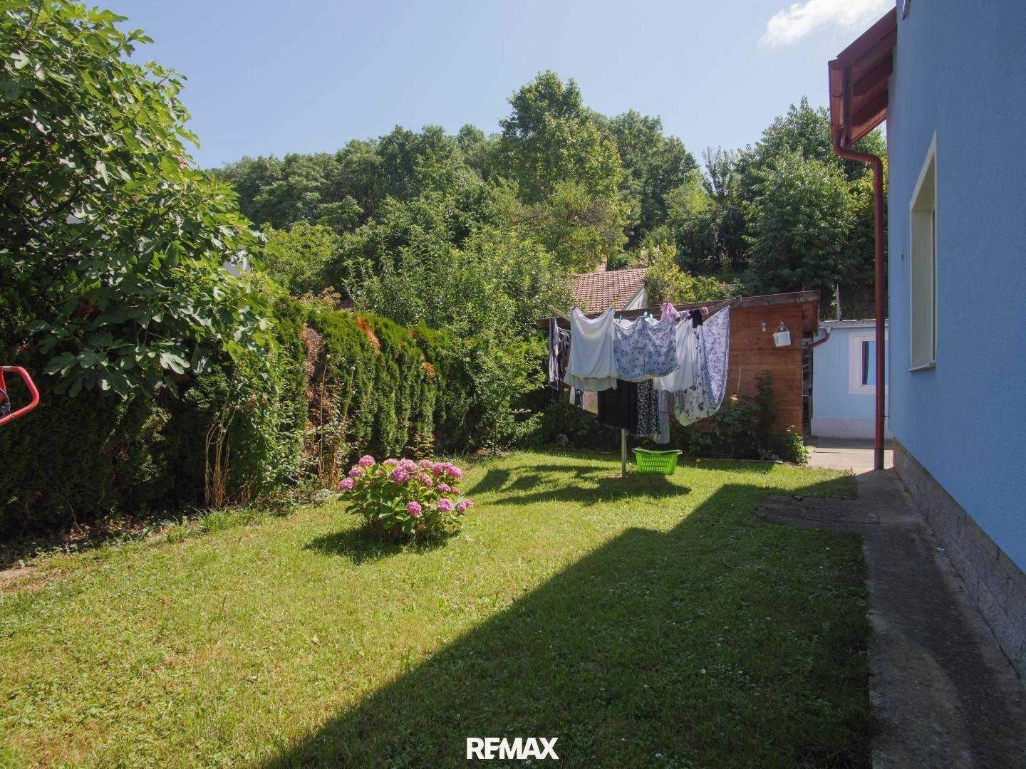 Gepflegter Garten mit Rasenfläche, Hecke und Wäscheleine unter blauem Himmel.