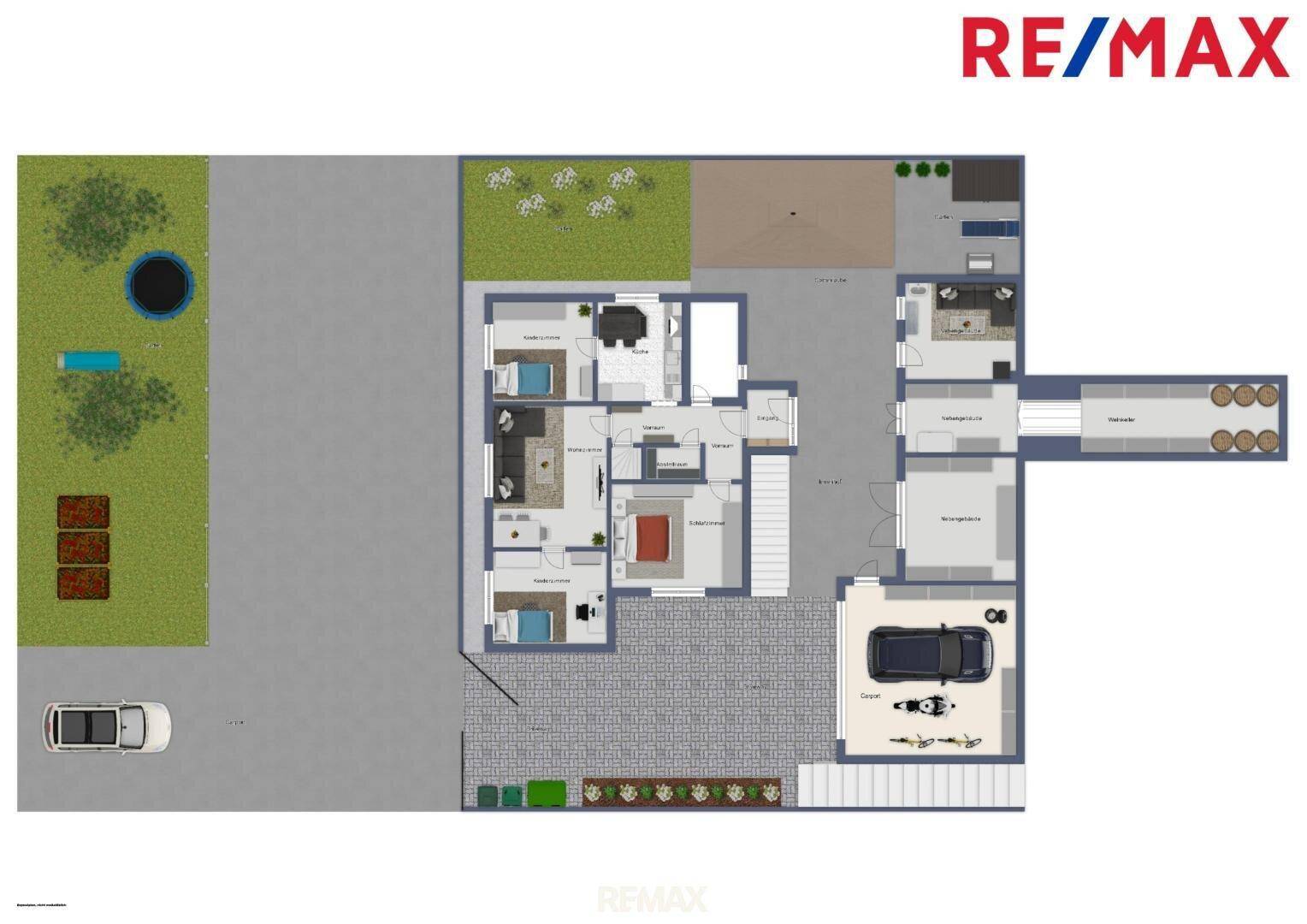 Gesamtgrundriss des Anwesens mit Haus, Garage, Garten und Außenanlagen.