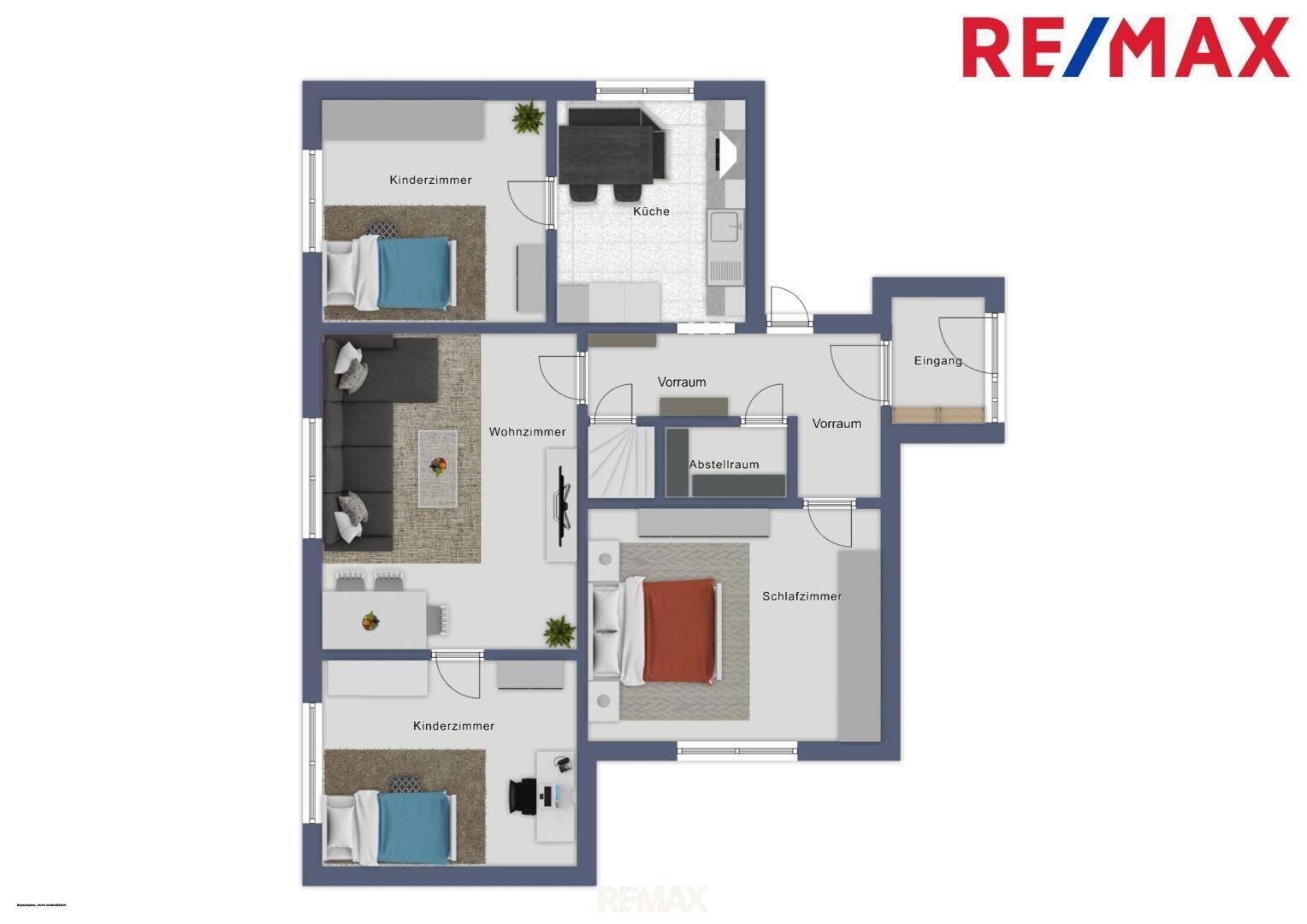 Grundriss des Erdgeschosses mit Wohnzimmer, Küche, Schlafzimmer und Kinderzimmern.