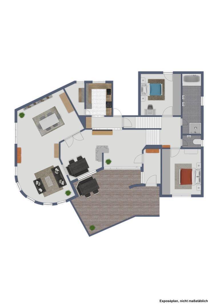 Grundriss des Erdgeschosses mit Wohnbereich, Küche, Schlafzimmern und Terrasse.