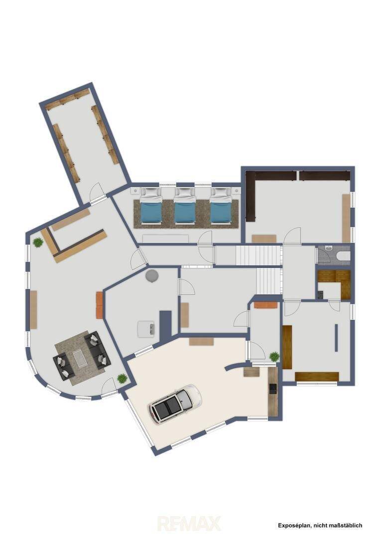 Grundriss des Obergeschosses mit Schlafzimmern, Bad und Garage.