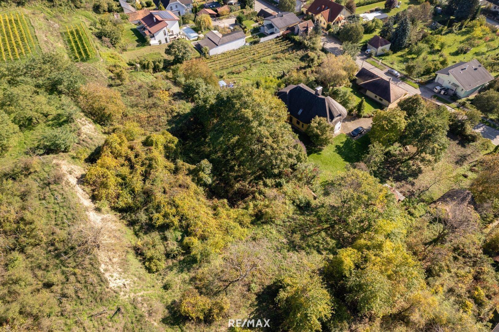 Weitläufige Luftaufnahme des Anwesens mit umliegenden Weinbergen und Häusern.