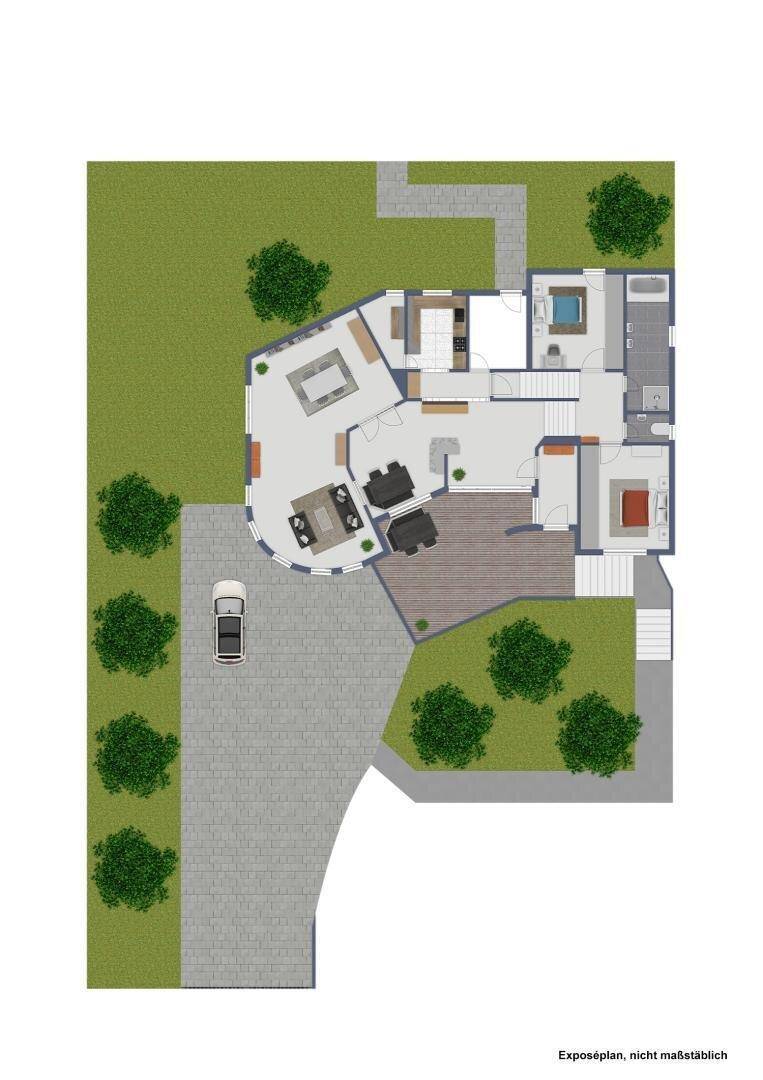 Grundriss des Erdgeschosses mit Wohnbereich, Küche, Schlafzimmern und Terrasse.