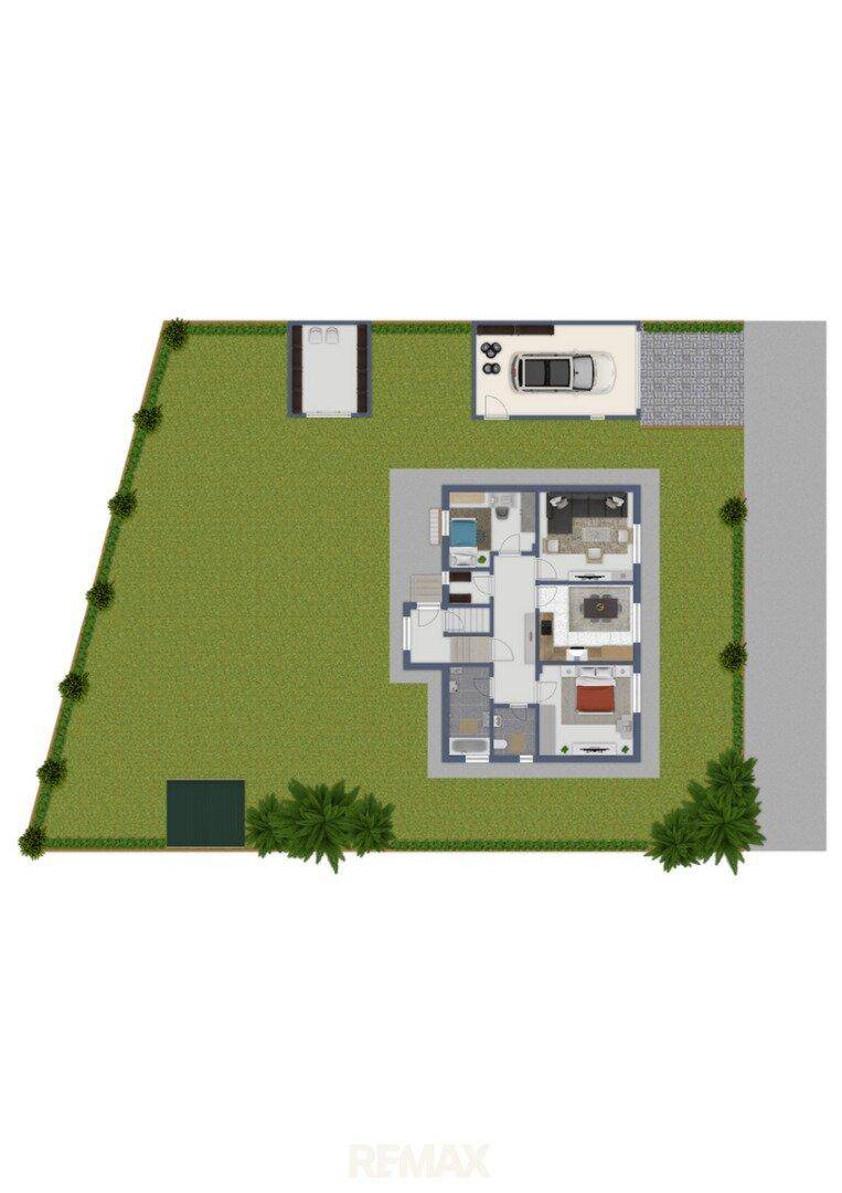 Gesamtgrundriss des Hauses mit Grundstück, Garten und Parkplatz.