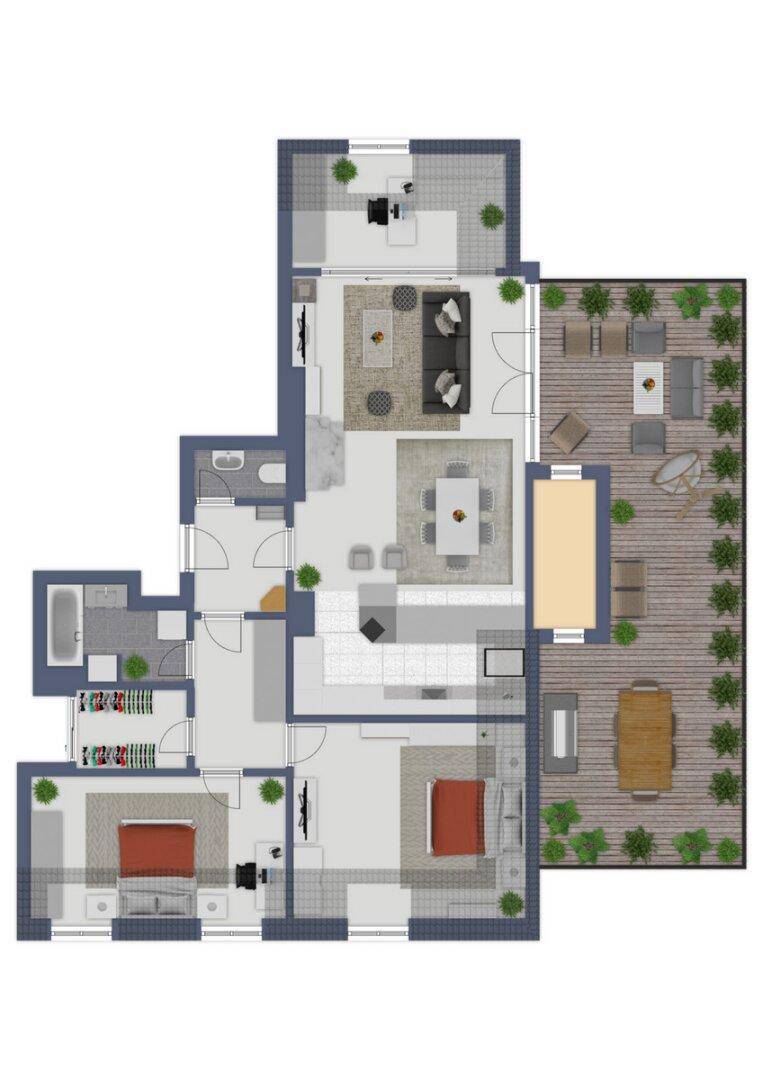 Farbiger Grundriss der Wohnung mit möblierter Terrasse und detaillierter Raumgestaltung.