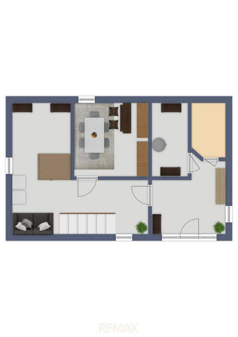 Grundriss des Erdgeschosses mit offenem Wohnbereich, Esszimmer und Schlafzimmer.